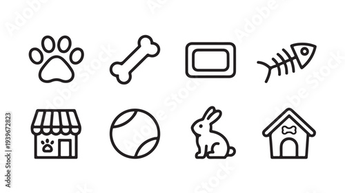 Minimalist Vector Icon Set of Pet Care and Veterinary Symbols Including Paw Print Bone and Pet Shop