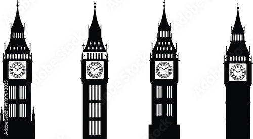 Big Ben clock tower silhouette collection, London landmark icons set, British architecture symbol, England travel vector illustration design