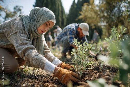 Muslim woman volunteer in hijab planting young tree in community garden during Eid outdoor