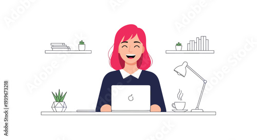 A cheerful young Caucasian woman with vibrant red hair smiles broadly while working on her laptop at a well-organized desk.