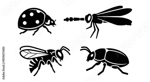 Black and White Silhouette Icons of Various Insects: Ladybug, Dragonfly, Wasp, and Beetle