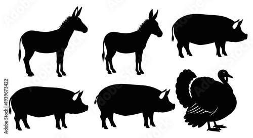 Black Silhouettes of Farm Animals Collection: Donkey, Pig, and Turkey on White Background