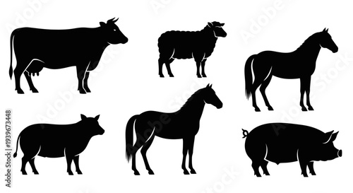 Black Silhouettes of Various Farm Animals: Cow, Sheep, Horse, and Pig on White