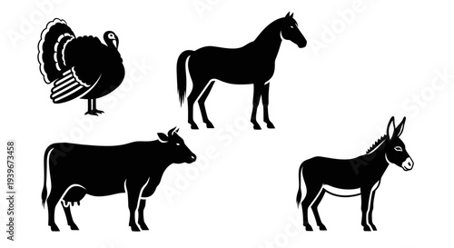 Classic Farm Animal Silhouettes: Turkey, Horse, Cow, and Donkey Icons