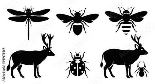 Collection of Animal and Insect Silhouettes: Deer, Bees, Dragonfly, Ladybug, and Spider Icons