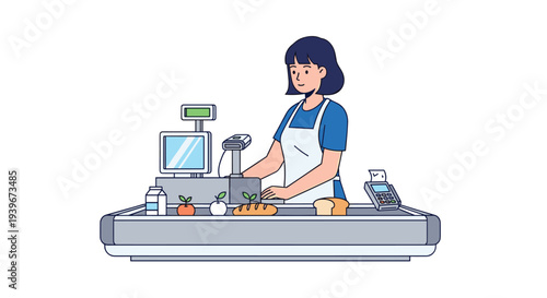 A diligent female cashier with short dark hair scans various groceries at a busy supermarket checkout counter.