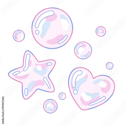 Soap bubbles in a shape of a star and a heart, set of simple illustrations