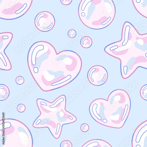 Soap bubbles in a shape of a star and a heart seamless pattern, background
