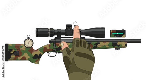 An olive-green gloved hand with exposed fingertips precisely adjusts the turret of a scope on a camouflage rifle.
