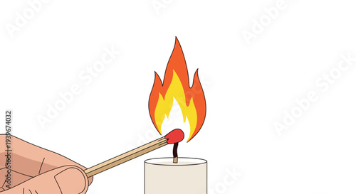 A light-skinned hand holds a lit wooden matchstick, igniting the dark wick of a taller, light beige cylindrical candle.