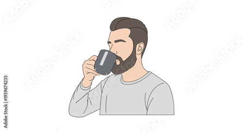 A bearded man in a grey shirt sips from a grey cylindrical mug, with his eyes closed in a moment of quiet enjoyment.