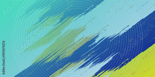 Abstract blue white and yellow is a bright pattern with a gradient with a circle in the middle and a bright green color blending in, with a metal texture of the floor and walls, soft technology,