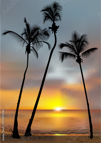 Vector tropical landscape. Palm trees in a beautiful silhouette against the setting sun. An idyllic image.