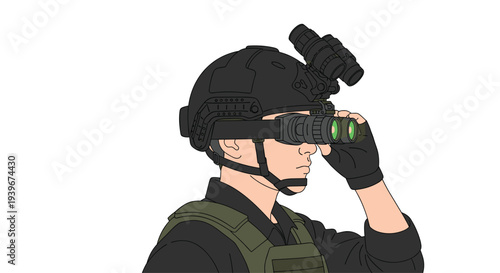 A person wearing a black tactical helmet with night vision goggles looks through the device, wearing a black shirt and green vest.
