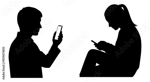 Black silhouette vector illustration of a young man standing and a young woman sitting, both engrossed in using their smartphones, depicting digital communication and screen addiction.