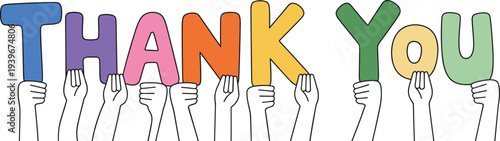 Colorful thank you text illustration held by hands, gratitude message typography, appreciation concept design, positive communication vector graphic