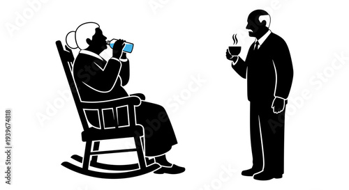 Black and white vector illustration of an elderly woman drinking water in a rocking chair and an elderly man holding a hot beverage, depicting senior lifestyle and care.