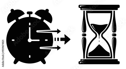 Black and white vector illustration of an alarm clock with arrows indicating time passing, next to a classic hourglass, representing time management and deadlines.