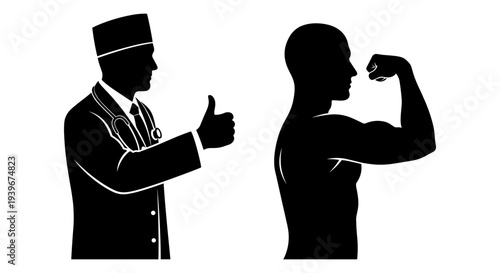 Doctor giving thumbs up to strong muscular man silhouette vector illustration representing health, fitness, and medical approval