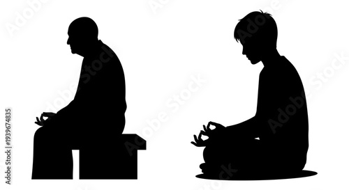 Black silhouette vector illustration of two people meditating: an older person sitting on a bench and a younger person sitting cross-legged on the floor, both in a serene pose.