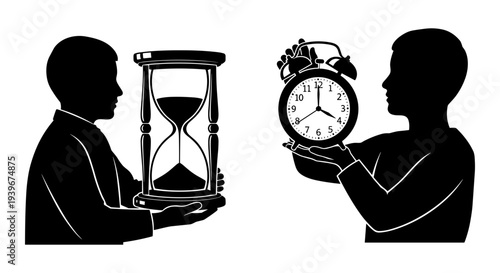 Black and white vector illustration of two silhouetted people holding an hourglass and an alarm clock, symbolizing time management and the passage of time.