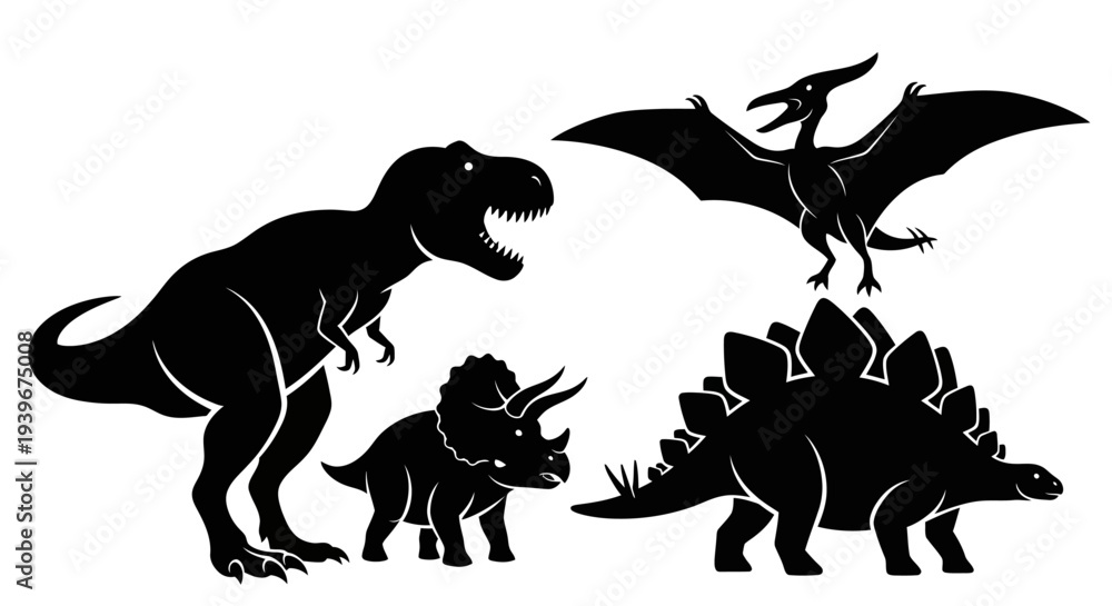 Naklejka premium Dinosaur Silhouettes Set: T-Rex, Triceratops, Stegosaurus, and Pterodactyl Vector Illustration