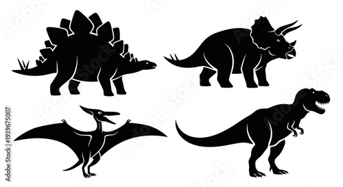 Dinosaur Silhouettes Set: Stegosaurus, Triceratops, Pterodactyl, and T-Rex Icons