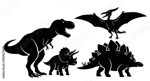 Dinosaur Silhouettes Set: T-Rex, Triceratops, Stegosaurus, and Pterodactyl Vector Illustration