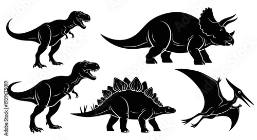 Dinosaur Silhouettes Set: Tyrannosaurus Rex, Triceratops, Stegosaurus, and Pterodactyl Icons
