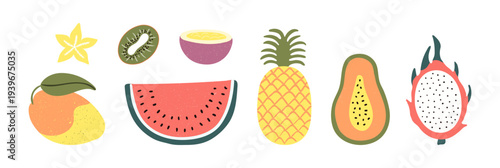 Tropical fruit illustration isolated set. Seasonal fruit, food, summer holidays, vacations, resort, healthy snack. Flat design element, clip art collection, hand drawn vector