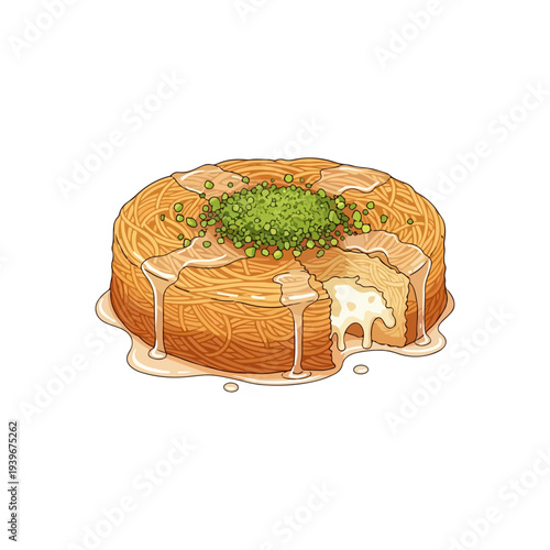Kunefe Traditional Turkish Cheese Pastry Dessert Flat Vector Illustration.
