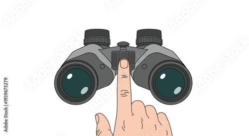 A single light-skinned hand with an extended index finger is poised to adjust the central focus wheel of gray binoculars, viewed from above.