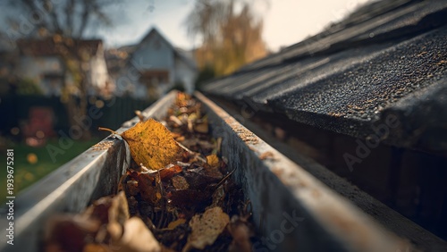 Close-up of a neglected house gutter overflowing with dry brown autumn leaves and debris against a blurred residential home, highlighting a common seasonal maintenance task.