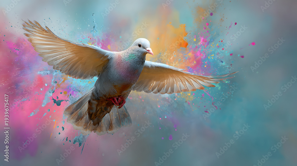 Fototapeta premium Vibrant dove in flight with colorful splashes