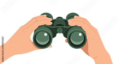 Two light-skinned hands are firmly holding a pair of dark green binoculars, positioned for observation against a clean white background.