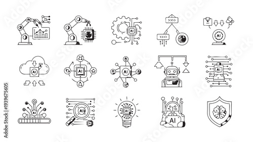 Artificial Intelligence Icons in Simple Line Art Style with Monochromatic Color Scheme on White Background for Technology Illustration