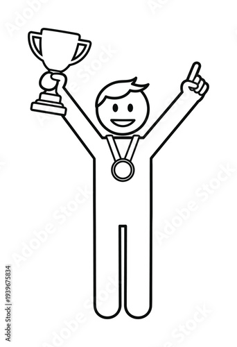 Vector of a person joyfully holding a trophy and wearing a gold medal