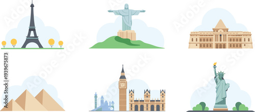 World famous landmarks flat illustration set, Eiffel Tower, Christ the Redeemer, pyramids, Big Ben, Statue of Liberty icons