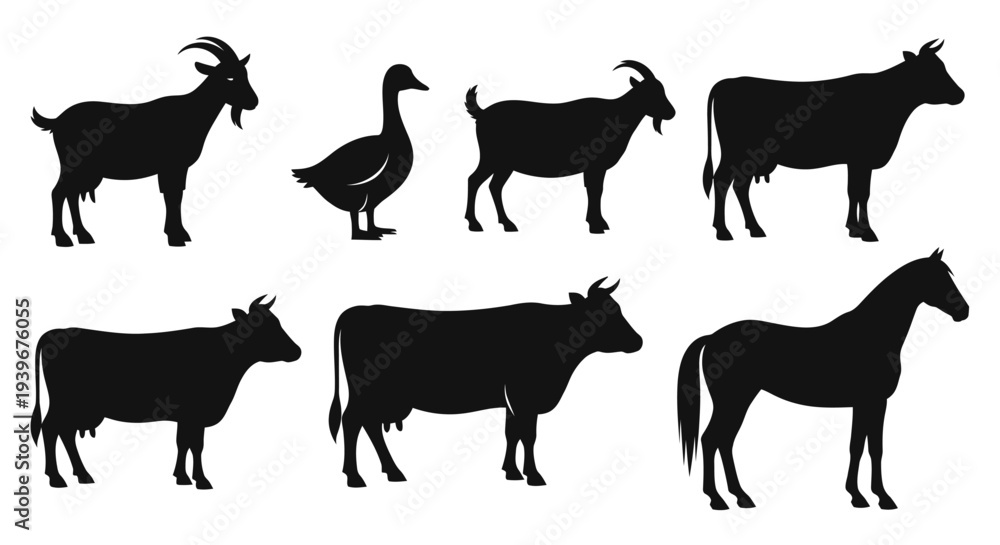 Obraz premium Farm Animal Silhouettes Set: Goat, Goose, Cow, and Horse Icons