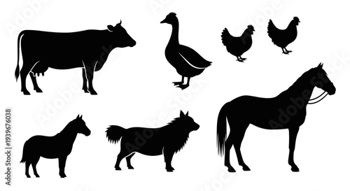 Farm and Domestic Animals Silhouettes Collection on White Background