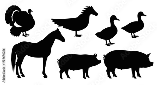Farm Animal Silhouettes Collection: Turkey, Horses, Ducks, and Pigs on White Background