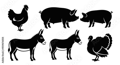 Farm Animals Silhouettes Collection - Chicken, Pig, Donkey, Turkey Icons