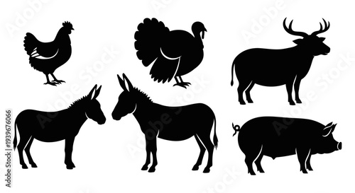 Farm Animals and Wildlife Silhouettes: Chicken, Turkey, Donkey, Pig, and Deer Icons