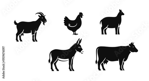 Farm Animals Silhouettes Collection - Goat, Chicken, Sheep, Donkey, Cow Icons