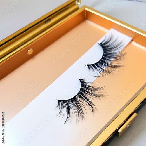 A pair of long eyelashes on display with a golden case background.