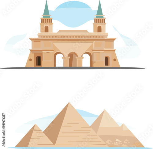 World famous landmarks flat illustration set, Eiffel Tower, pyramids, Big Ben, Statue of Liberty, Christ the Redeemer icons