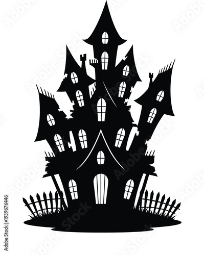 Vector of a haunted house with crooked towers and a spooky fence in silhouette style