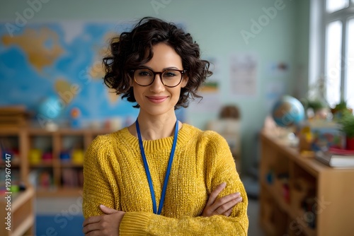 Confident female teacher with glasses standing in a colorful classroom with map toys, and books Education childcare learning environment, school staff friendly educator and teaching profession concept