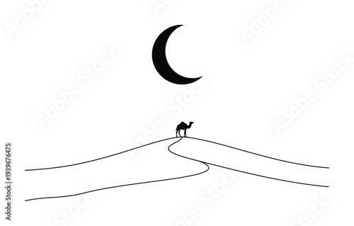 Vector of a lone camel standing on a desert sand dune under a crescent moon in the night sky