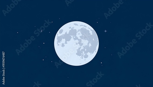 A cartoon-style illustration of a full moon in a deep blue starry night sky. The moon is round and textured